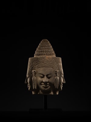 Lot 8 - A SUPERB AND VERY RARE SANDSTONE HEAD OF BRAHMA, BAYON STYLE, ANGKOR PERIOD, 13TH CENTURY