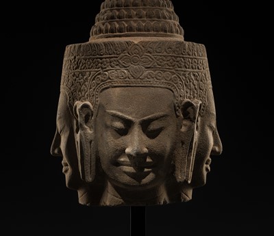 Lot 8 - A SUPERB AND VERY RARE SANDSTONE HEAD OF BRAHMA, BAYON STYLE, ANGKOR PERIOD, 13TH CENTURY