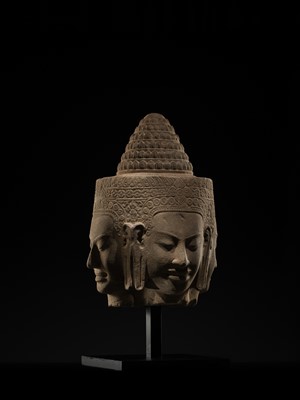 Lot 8 - A SUPERB AND VERY RARE SANDSTONE HEAD OF BRAHMA, BAYON STYLE, ANGKOR PERIOD, 13TH CENTURY