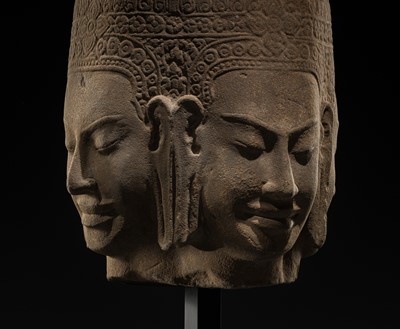 Lot 8 - A SUPERB AND VERY RARE SANDSTONE HEAD OF BRAHMA, BAYON STYLE, ANGKOR PERIOD, 13TH CENTURY