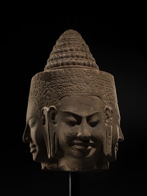 Lot 8 - A SUPERB AND VERY RARE SANDSTONE HEAD OF BRAHMA, BAYON STYLE, ANGKOR PERIOD, 13TH CENTURY