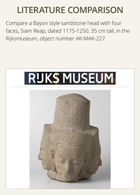 Lot 8 - A SUPERB AND VERY RARE SANDSTONE HEAD OF BRAHMA, BAYON STYLE, ANGKOR PERIOD, 13TH CENTURY