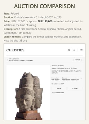 Lot 8 - A SUPERB AND VERY RARE SANDSTONE HEAD OF BRAHMA, BAYON STYLE, ANGKOR PERIOD, 13TH CENTURY