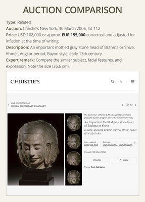 Lot 8 - A SUPERB AND VERY RARE SANDSTONE HEAD OF BRAHMA, BAYON STYLE, ANGKOR PERIOD, 13TH CENTURY