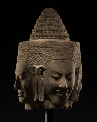 Lot 8 - A SUPERB AND VERY RARE SANDSTONE HEAD OF BRAHMA, BAYON STYLE, ANGKOR PERIOD, 13TH CENTURY