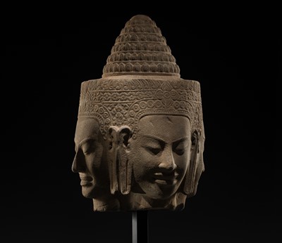 Lot 8 - A SUPERB AND VERY RARE SANDSTONE HEAD OF BRAHMA, BAYON STYLE, ANGKOR PERIOD, 13TH CENTURY