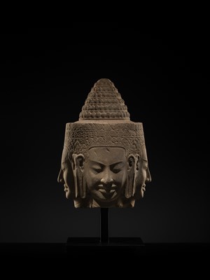 Lot 8 - A SUPERB AND VERY RARE SANDSTONE HEAD OF BRAHMA, BAYON STYLE, ANGKOR PERIOD, 13TH CENTURY