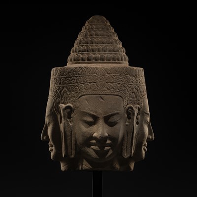 Lot 8 - A SUPERB AND VERY RARE SANDSTONE HEAD OF BRAHMA, BAYON STYLE, ANGKOR PERIOD, 13TH CENTURY