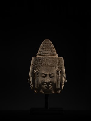 Lot 8 - A SUPERB AND VERY RARE SANDSTONE HEAD OF BRAHMA, BAYON STYLE, ANGKOR PERIOD, 13TH CENTURY