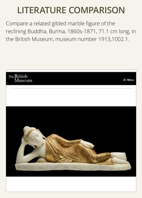 Lot 15 - A LARGE GLASS INLAID AND GILDED ALABASTER FIGURE OF THE RECLINING BUDDHA, MANDALAY PERIOD, 19TH CENTURY