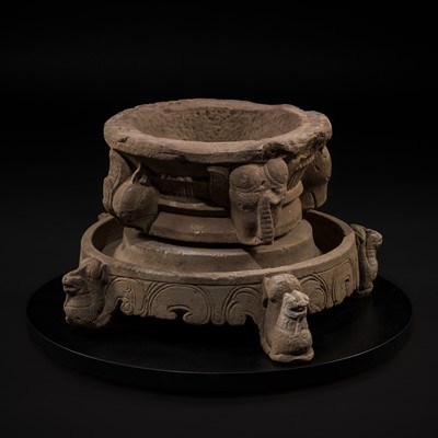 Lot 10 - A RARE PINK SANDSTONE CEREMONIAL MORTAR, CHAM PERIOD, THAP MAM STYLE, 13TH-14TH CENTURY