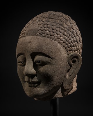 Lot 33 - A LARGE SANDSTONE HEAD OF BUDDHA, MING DYNASTY