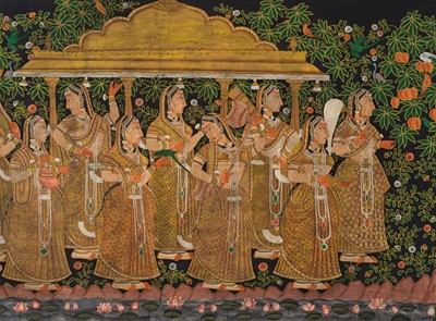 Lot 29 - A MAGNIFICENT AND LARGE VRIKSHCHARI PICCHVAI DEPICTING GOPIS IN A GROOVE, DECCAN STYLE, GOLCONDA, 19TH CENTURY