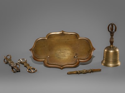 Lot 52 - A SET COMPRISING A BRONZE KONGOBAN (RITUAL TRAY), A BELL AND THREE VAJRA