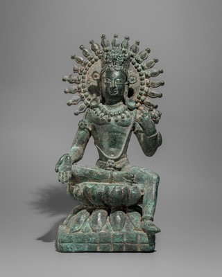Lot 1449 - A SILVER-INLAID BRONZE FIGURE OF A BODDHISATVA, SWAT VALLEY STYLE