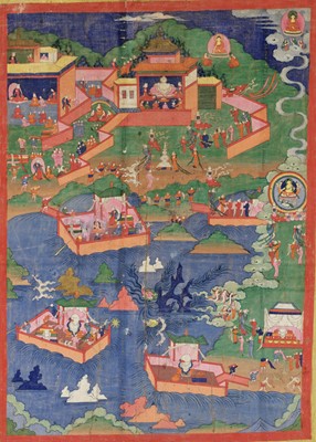 Lot 592 - A THANGKA DEPICTING SCENES FROM JATAKAS, 18TH-19TH CENTURY