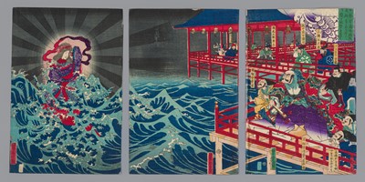 Lot 1370 - YOSHITORA UTAGAWA: TRIPTYCH OF MIYAJIMA BENZAITEN AND LORD KIYOMORI