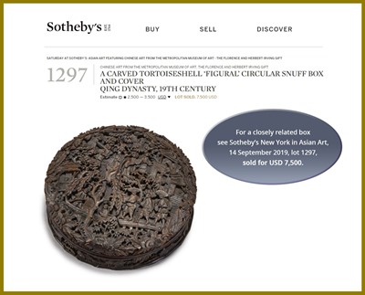 Lot 569 - A CARVED TORTOISESHELL ‘FIGURAL’ SNUFF BOX AND COVER, QING DYNASTY