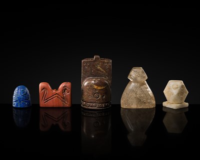 Lot 322 - A MIXED GROUP OF FIVE ANCIENT CHESS PIECES, MOST LIKELY GREATER MESOPOTAMIA OR PERSIA, CIRCA 11TH-12TH CENTURY