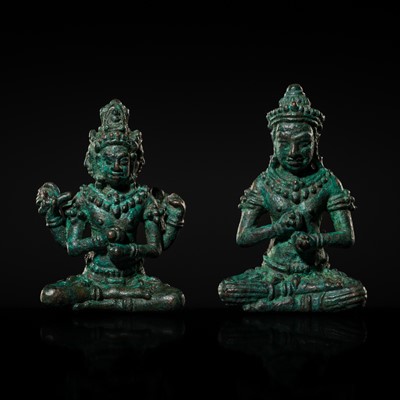 Lot 414 - TWO MINIATURE BRONZE FIGURES DEPICTING DATTATREYA AND VAJRASATTVA, KHMER EMPIRE, ANGKOR PERIOD, 12TH-13TH CENTURY