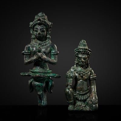Lot 415 - TWO MINIATURE BRONZE FIGURES DEPICTING UMA AND VISHVAKARMA, KHMER EMPIRE, ANGKOR PERIOD, 12TH-13TH CENTURY