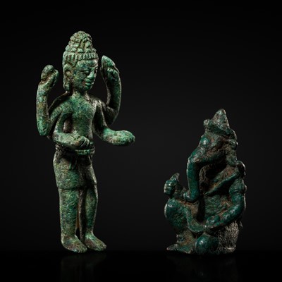 Lot 416 - TWO MINIATURE BRONZE FIGURES DEPICTING AVALOKITESHVARA AND GANESHA, KHMER EMPIRE, ANGKOR PERIOD, 12TH-13TH CENTURY