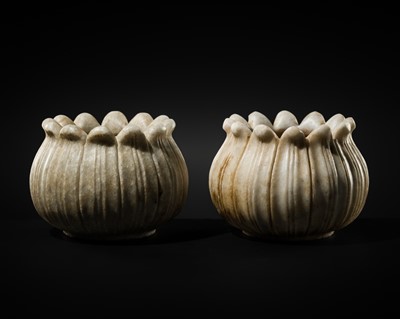 Lot 383 - A PAIR OF MARBLE LOTUS-FORM JARDINIERES, SHEKHAWATI REGION