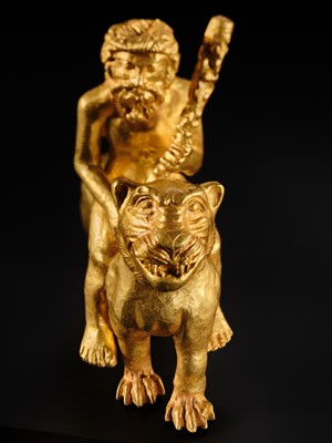 Lot 255 - AN EXCEEDINGLY RARE GOLD FIGURE OF HERCULES RIDING A LION, CENTRAL ASIA, PROBABLY BACTRIAN, CIRCA 1ST-2ND CENTURY AD