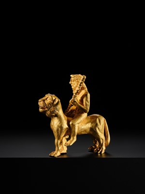 Lot 255 - AN EXCEEDINGLY RARE GOLD FIGURE OF HERCULES RIDING A LION, CENTRAL ASIA, PROBABLY BACTRIAN, CIRCA 1ST-2ND CENTURY AD
