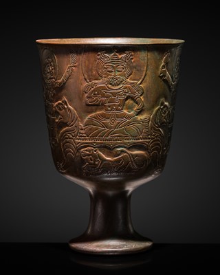 Lot 319 - A BRONZE CUP DEPICTING A COURTLY SCENE WITH KING AND ATTENDANTS, SASANIAN EMPIRE, CIRCA 4TH-5TH CENTURY