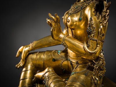 Lot 20 - A VERY LARGE AND EXCEPTIONALLY RARE GILT-BRONZE FIGURE OF GREEN TARA, TIBET, CIRCA 16TH-18TH CENTURY