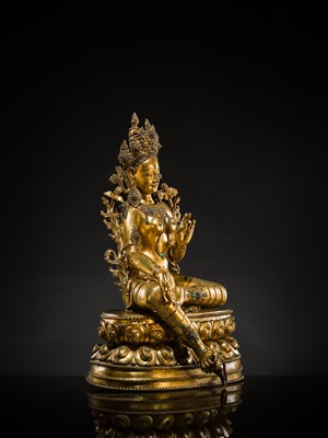 Lot 20 - A VERY LARGE AND EXCEPTIONALLY RARE GILT-BRONZE FIGURE OF GREEN TARA, TIBET, CIRCA 16TH-18TH CENTURY