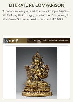 Lot 20 - A VERY LARGE AND EXCEPTIONALLY RARE GILT-BRONZE FIGURE OF GREEN TARA, TIBET, CIRCA 16TH-18TH CENTURY