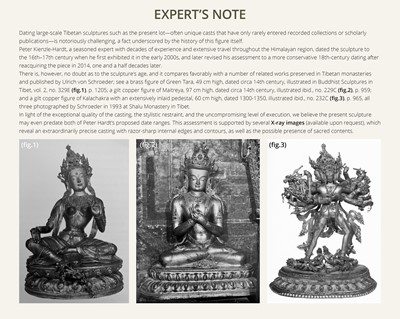Lot 20 - A VERY LARGE AND EXCEPTIONALLY RARE GILT-BRONZE FIGURE OF GREEN TARA, TIBET, CIRCA 16TH-18TH CENTURY