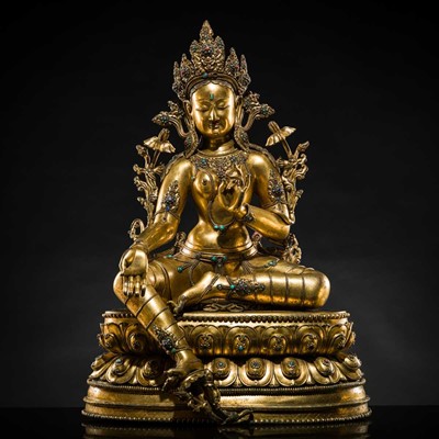 Lot 20 - A VERY LARGE AND EXCEPTIONALLY RARE GILT-BRONZE FIGURE OF GREEN TARA, TIBET, CIRCA 16TH-18TH CENTURY