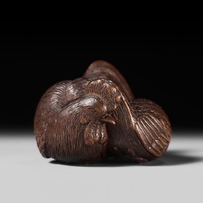 TADAYUKI: A FINE WOOD NETSUKE OF A COCKEREL AND HEN