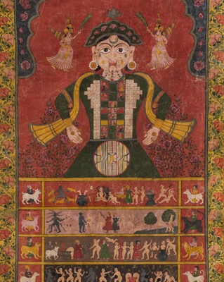 Lot 28 - A VERY LARGE (220 x 102 CM) PAINTING OF A COSMIC MAN, LOKAPURUSHA, BIKANER, LATE 18TH CENTURY