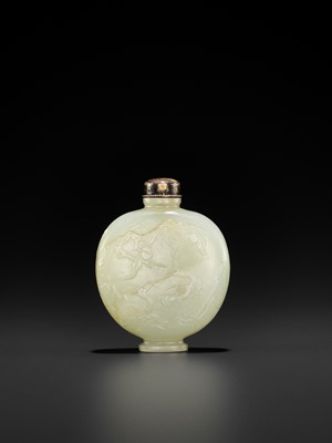 Lot 337 - A RARE PALE CELADON ‘CRANE AND DEER’ JADE SNUFF BOTTLE, BIANHU, QING DYNASTY