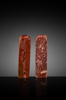 A FINE PAIR OF ‘CHICKEN BLOOD’ SOAPSTONE SEALS BY HE TANG, DATED 1879