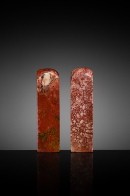 A FINE PAIR OF ‘CHICKEN BLOOD’ SOAPSTONE SEALS BY HE TANG, DATED 1879