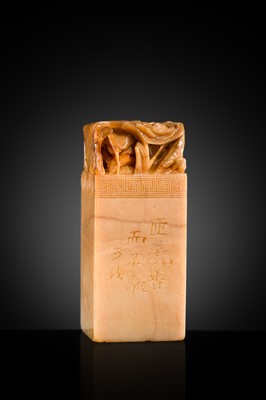 A FINE SHOUSHAN SOAPSTONE ‘LOTUS POND’ SEAL, LATE QING DYNASTY TO REPUBLIC PERIOD