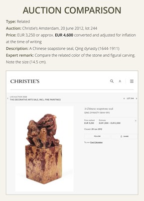 A FINE ‘CHICKEN BLOOD’ SOAPSTONE SEAL WITH SQUIRRELS AND GOURDS, LATE QING DYNASTY TO REPUBLIC PERIOD