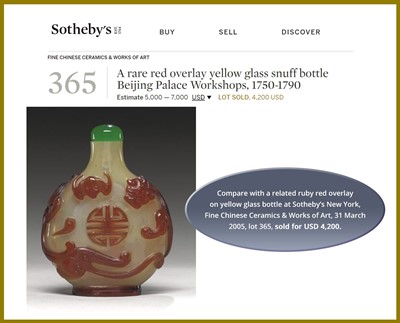 Lot 385 - AN IMPERIAL ‘CHILONG AND LINGZHI’ OVERLAY GLASS SNUFF BOTTLE, 18TH CENTURY