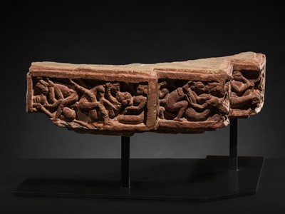 Lot 343 - A PINK SANDSTONE LINTEL DEPICTING AMOROUS COUPLES, MITHUNA, CHANDELA PERIOD, 10TH-11TH CENTURY