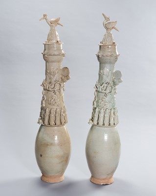 A LARGE PAIR OF QINGBAI GLAZED BURIAL VASES WITH DAOIST DECORATION
