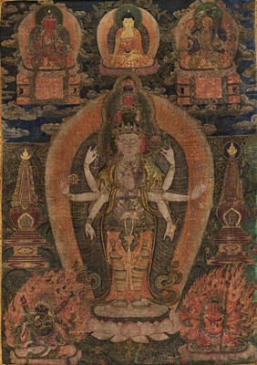 Lot 595 - A THANGKA OF EKADASHAMUKHA AVALOKITESHVARA, 19TH CENTURY