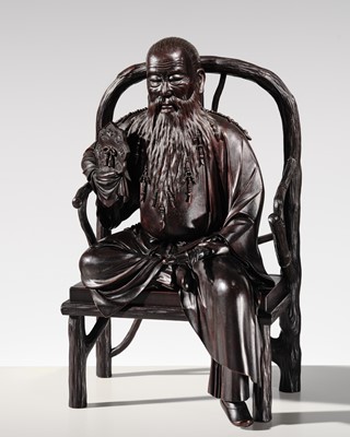A SUPERB AND RARE LARGE WOOD OKIMONO OF A CHINESE ELDER
