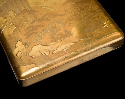 Lot 210 - A MAGNIFICENT MATCHING GOLD LACQUER SET OF A SUZURIBAKO (WRITING BOX) AND A BUNDAI (WRITING DESK)