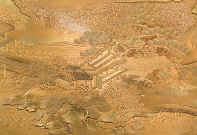 Lot 210 - A MAGNIFICENT MATCHING GOLD LACQUER SET OF A SUZURIBAKO (WRITING BOX) AND A BUNDAI (WRITING DESK)