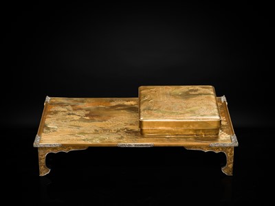 Lot 210 - A MAGNIFICENT MATCHING GOLD LACQUER SET OF A SUZURIBAKO (WRITING BOX) AND A BUNDAI (WRITING DESK)